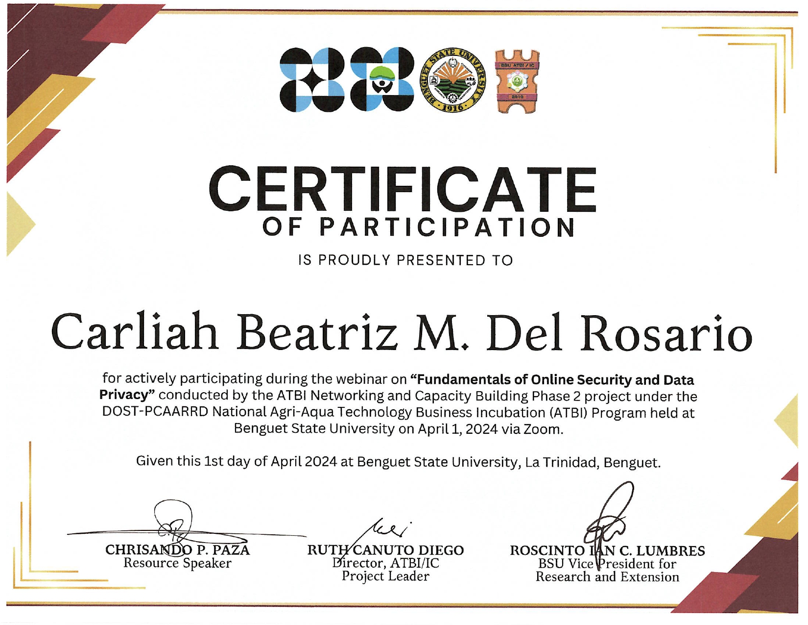 Certificate of Fundamentals of Online Security and Data from BENGUET STATE UNIVERSITY: CERTIFICATE OF PARTICIPATION